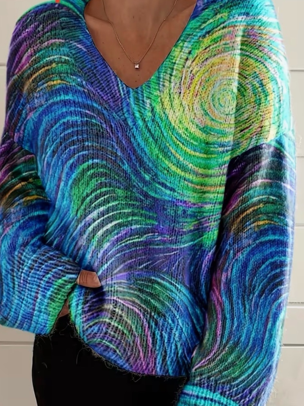 Women's V-Neck Swirl Print Sweater - Blue Green Purple